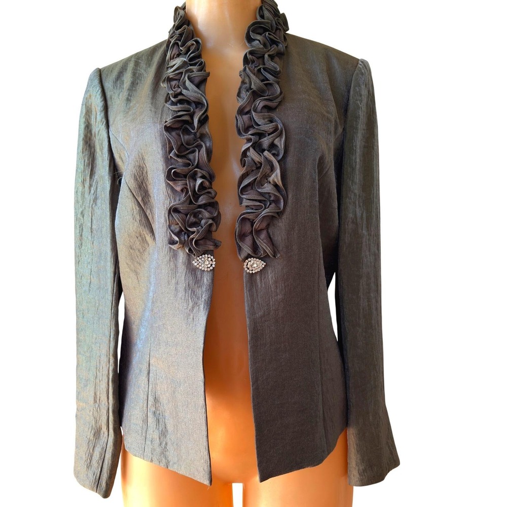 Jessica Howard Blazer Jacket 8P Petite Metallic Ruffle Front Formal Evening